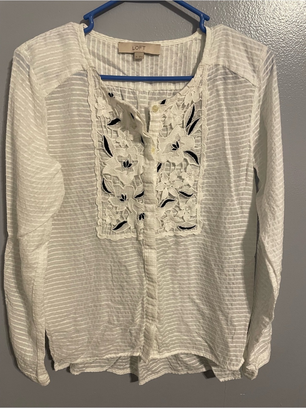 LOFT White Floral Lace-Front Long Sleeve Blouse